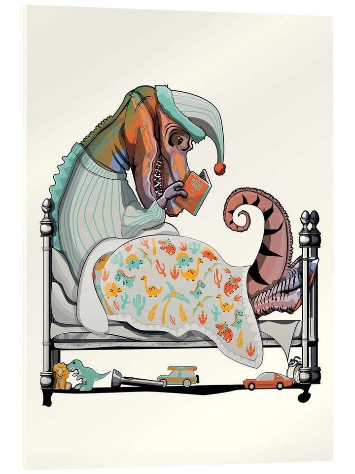 Posterlounge Acrylglasbild Wyatt9, Tyrannosaurus im Bett, Badezimmer Illustration von Posterlounge