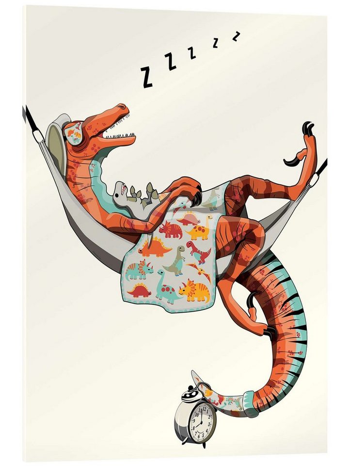 Posterlounge Acrylglasbild Wyatt9, Velociraptor im Bett, Kinderzimmer Illustration von Posterlounge