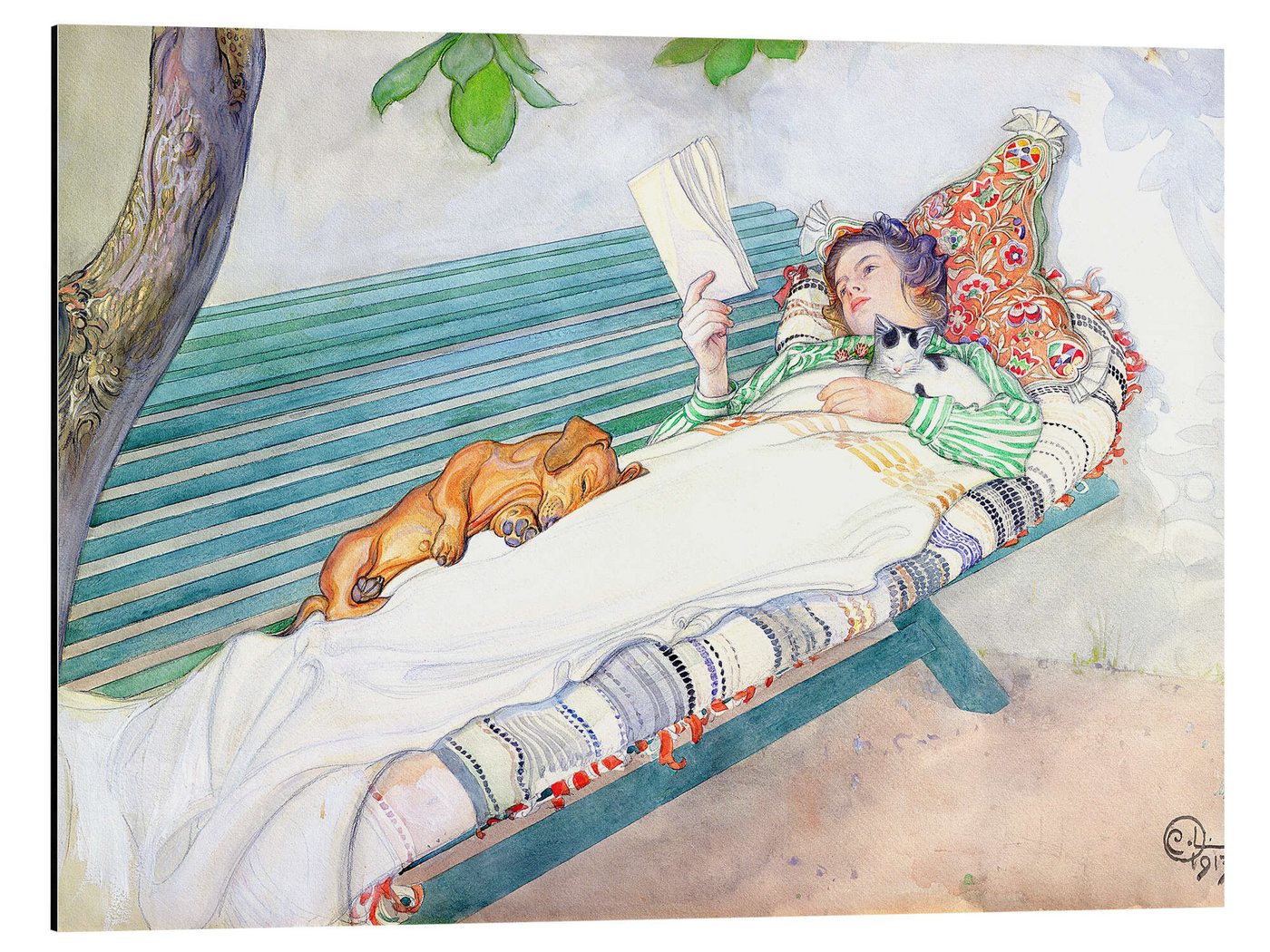 Posterlounge Alu-Dibond-Druck Carl Larsson, Auf einer Bank liegende Frau, Schlafzimmer Landhausstil Malerei von Posterlounge