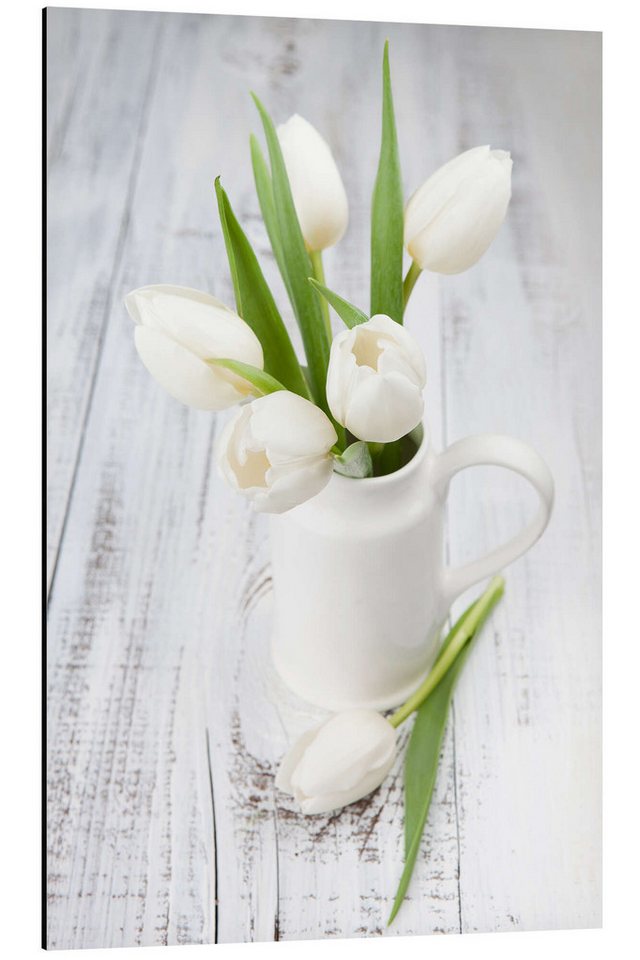 Posterlounge Alu-Dibond-Druck Editors Choice, Weiße Tulpen auf geweißtem Holz, Fotografie von Posterlounge