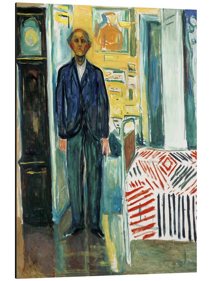Posterlounge Alu-Dibond-Druck Edvard Munch, Selbstbildnis zwischen Uhr und Bett, Malerei von Posterlounge