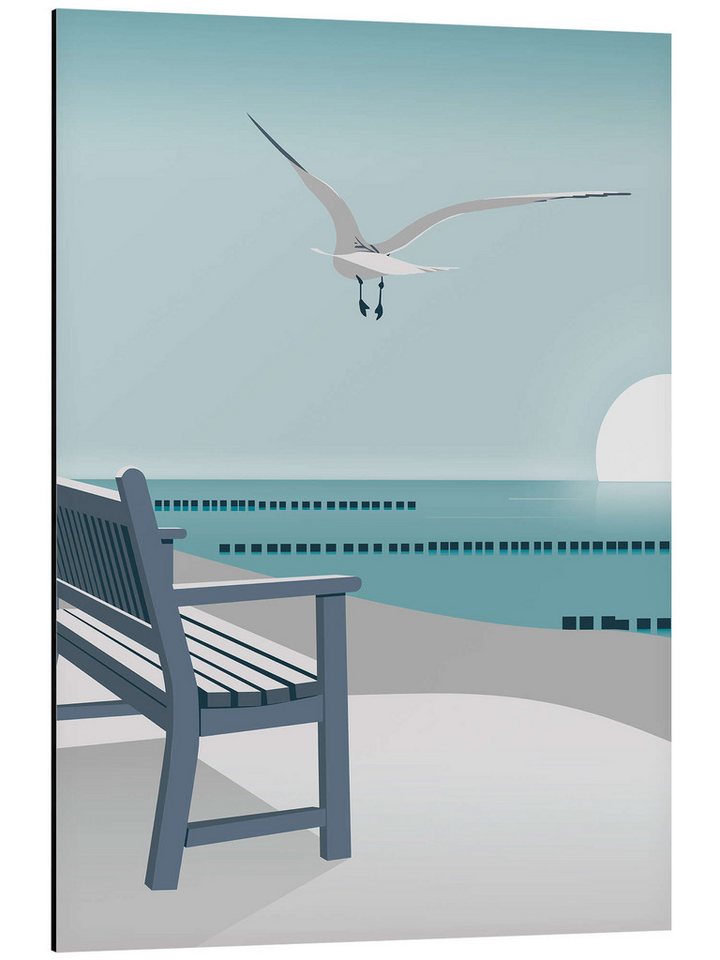 Posterlounge Alu-Dibond-Druck Elke Frisch, Bank am Meer, Badezimmer Maritim Illustration von Posterlounge