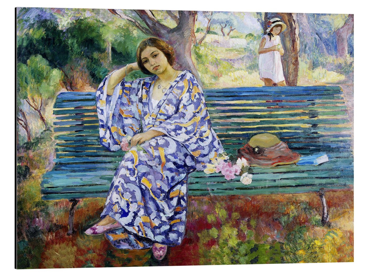 Posterlounge Alu-Dibond-Druck Henri Lebasque, Junge Frau, die auf einer Bank sitzt, Malerei von Posterlounge