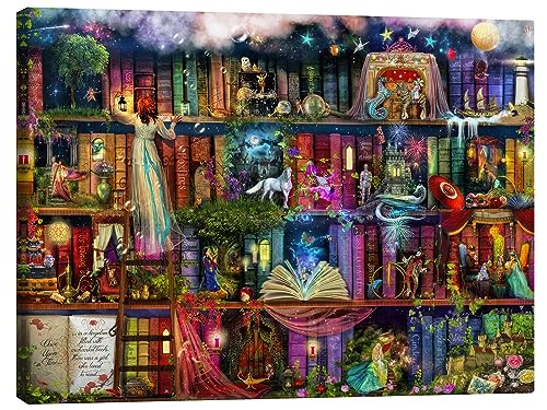 Posterlounge Das Bücherregal voller Märchen Leinwandbild von Aimee Stewart 40 x 30 cm Wimmelbilder Wanddeko von Posterlounge