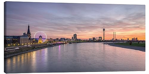 Posterlounge Düsseldorf Skyline bei feuerrotem Sonnenuntergang Leinwandbild von Michael Valjak Wandbilder für jeden Raum 120 x 60 cm Skylines Wanddeko von Posterlounge