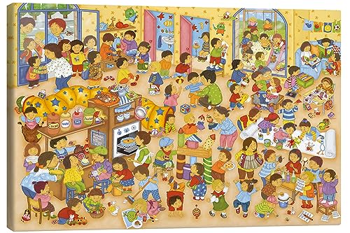 Posterlounge Ein Tag im Kindergarten Leinwandbild von Marion Krätschmer 120 x 80 cm Orange Wimmelbilder Wanddeko von Posterlounge