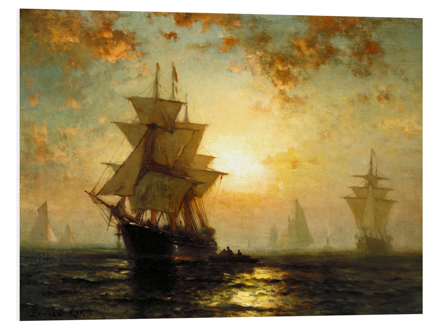 Posterlounge Forex-Bild Edward Moran, Segelschiffe bei Sonnenuntergang, Malerei von Posterlounge