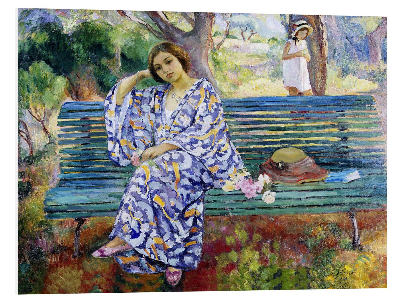 Posterlounge Forex-Bild Henri Lebasque, Junge Frau, die auf einer Bank sitzt, Malerei von Posterlounge