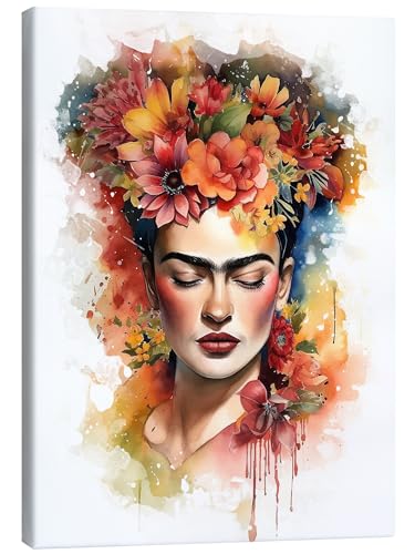 Posterlounge Frida Kahlo mit Blütenhaar Leinwandbild von Olga Telnova Wandbilder für jeden Raum 20 x 30 cm Bunt Aquarell Malerei Wanddeko von Posterlounge