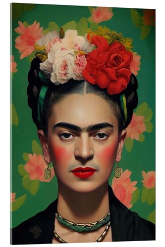 Posterlounge Frida Kahlo mit Blumen im Haar Acrylglasbild von Olga Telnova Wandbilder für jeden Raum 40 x 60 cm Grün Menschen Wanddeko von Posterlounge