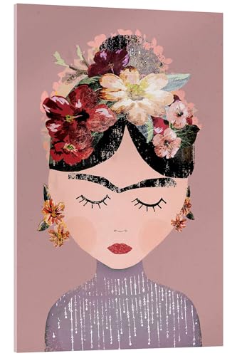 Posterlounge Frida mit Blumenkranz, pastellrosa Acrylglasbild von treechild 70 x 100 cm Rosé Wandbilder Wanddeko von Posterlounge