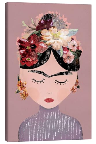 Posterlounge Frida mit Blumenkranz, pastellrosa Leinwandbild von treechild Wandbilder für jeden Raum 40 x 60 cm Rosé Menschen Wanddeko von Posterlounge