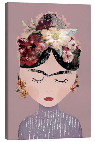 Posterlounge Frida mit Blumenkranz, pastellrosa Leinwandbild von treechild Wandbilder für jeden Raum 90 x 130 cm Rosé Menschen Wanddeko von Posterlounge