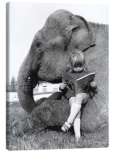Posterlounge Geschichten lesen mit Elefant Leinwandbild von John Drysdale Wandbilder für jeden Raum 30 x 40 cm Schwarz-Weiß Nostalgie Wanddeko von Posterlounge