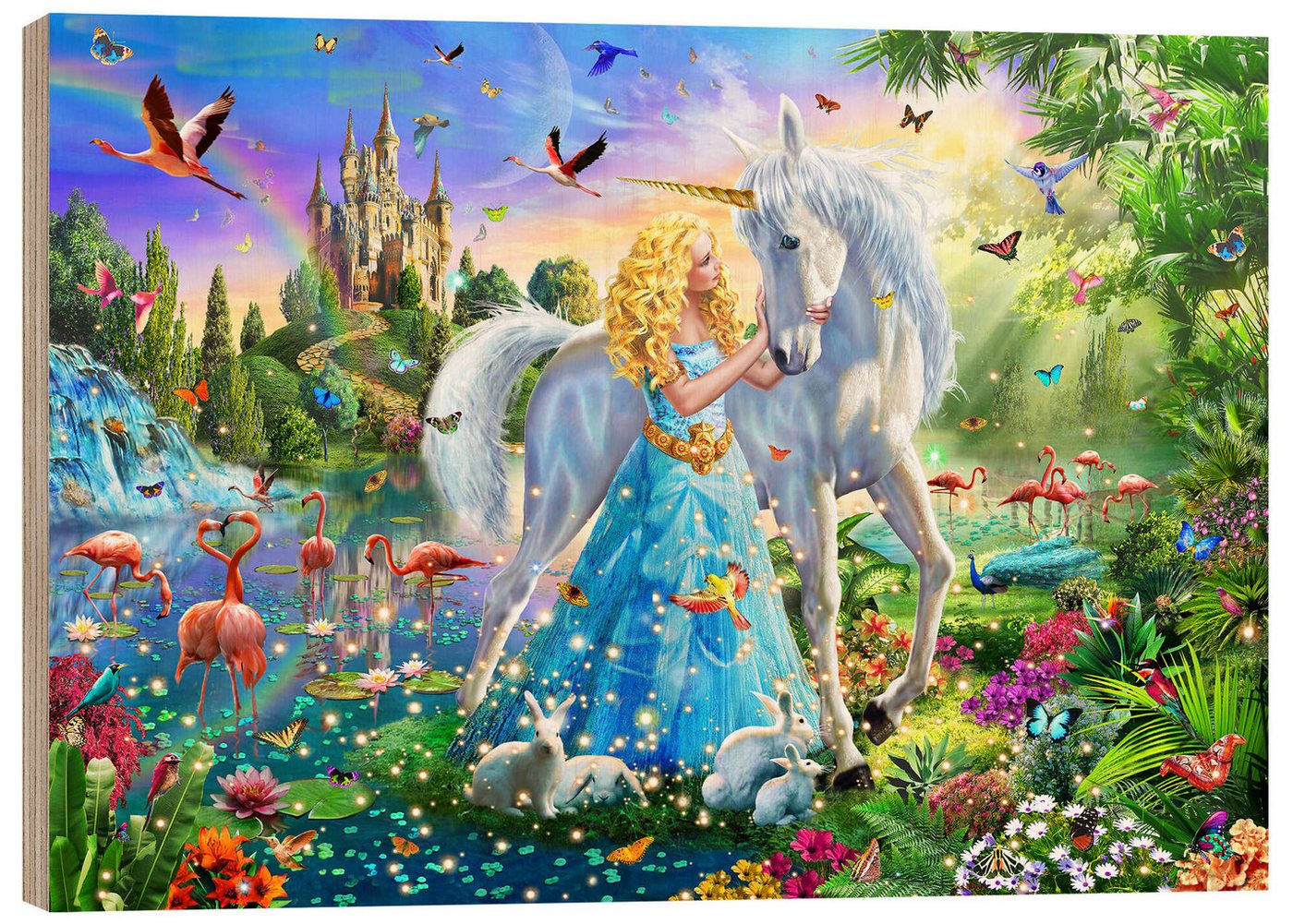 Posterlounge Holzbild Adrian Chesterman, Die Prinzessin, das Einhorn und das Schloss, Jungenzimmer Illustration von Posterlounge