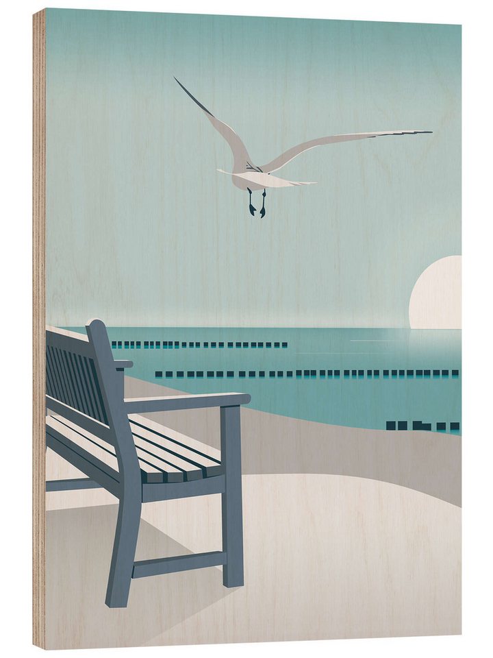 Posterlounge Holzbild Elke Frisch, Bank am Meer, Badezimmer Maritim Illustration von Posterlounge