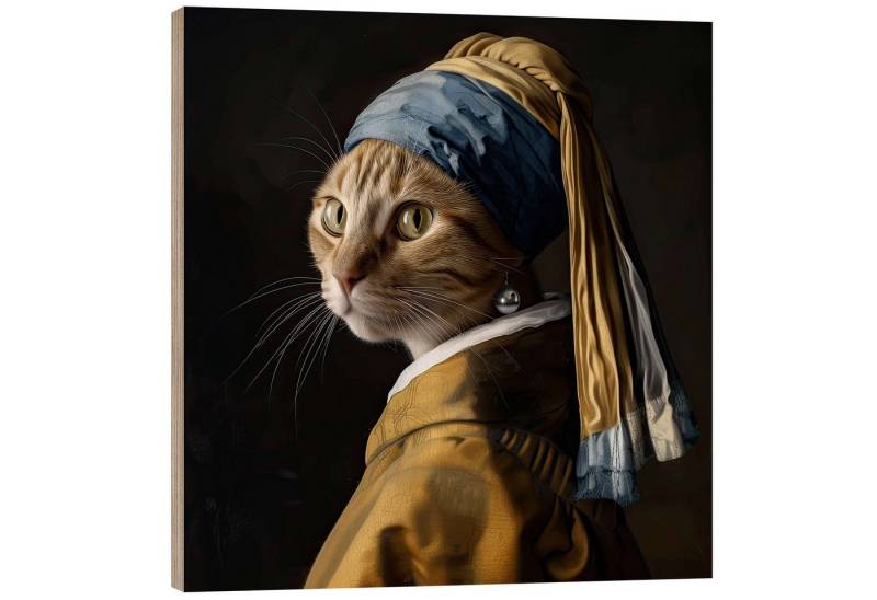 Posterlounge Holzbild Felipe Hora, Die Katze mit dem Perlenohrring, Modern Malerei Posterlounge Holzbild Felipe Hora, Die Katze mit dem Perlenohrring, Modern Malerei von Posterlounge