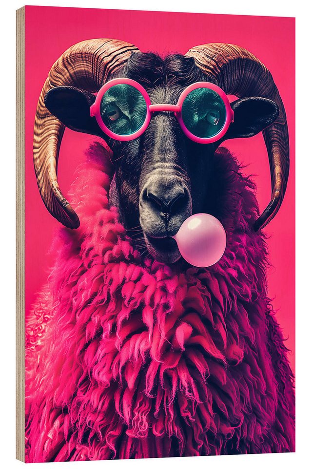 Posterlounge Holzbild Frank Daske, Pink Pop Art Widder genießt das Leben, Kinderzimmer Digitale Kunst von Posterlounge