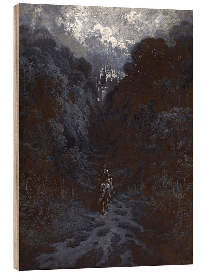 Posterlounge Holzbild Gustave Doré, Sir Lancelot nähert sich dem Schloss von Astolat, Malerei von Posterlounge