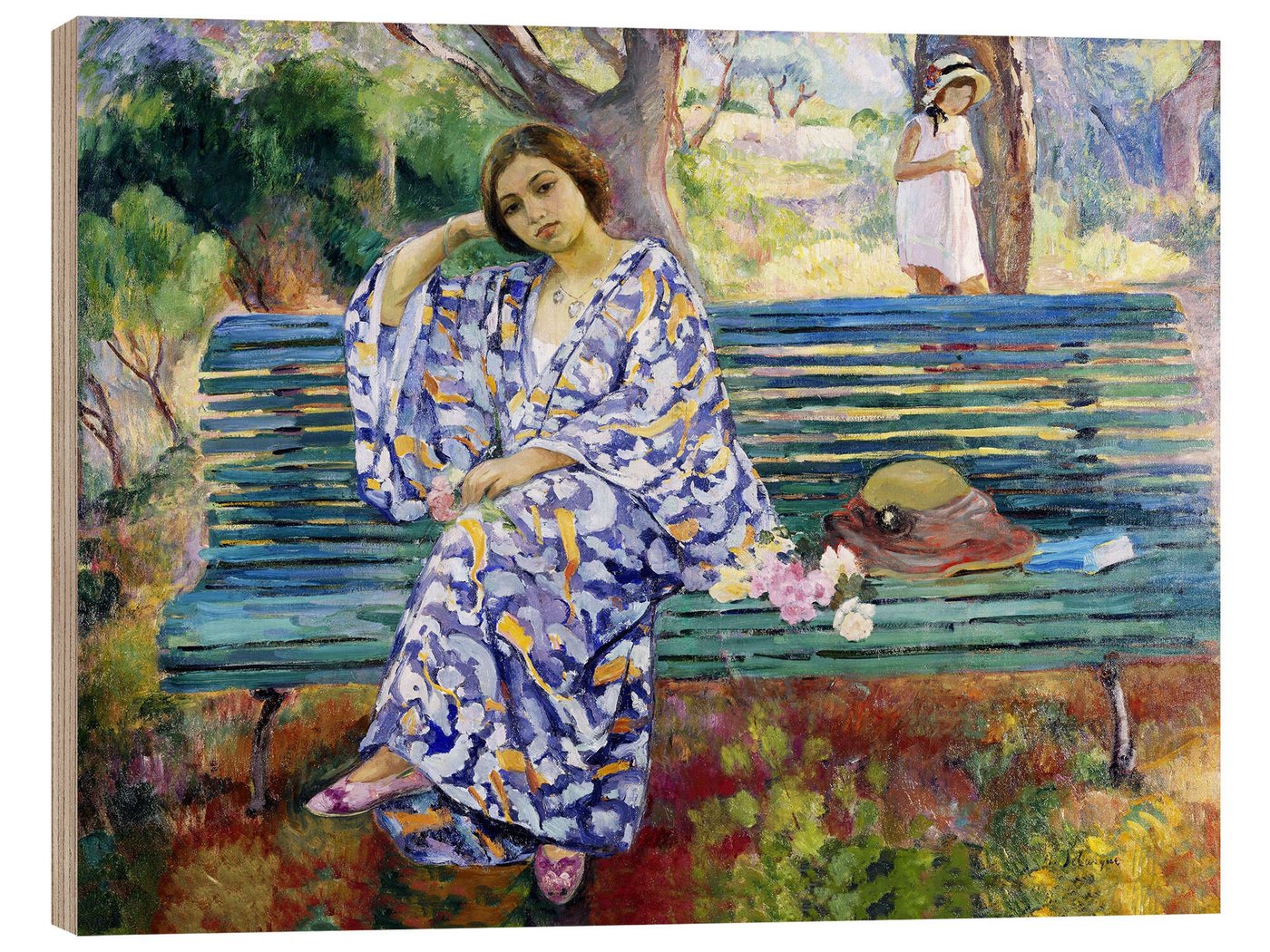 Posterlounge Holzbild Henri Lebasque, Junge Frau, die auf einer Bank sitzt, Malerei von Posterlounge