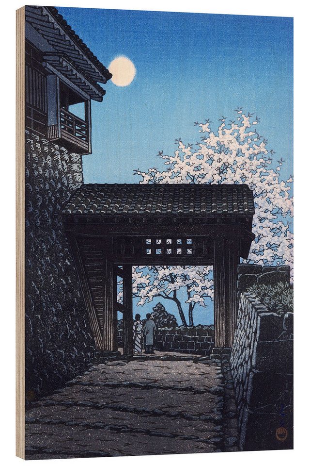 Posterlounge Holzbild Kawase Hasui, Leuchtender Mond auf Schloss Matsuyama, Malerei von Posterlounge