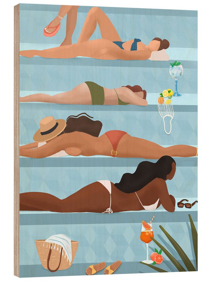 Posterlounge Holzbild Petra Lizde, Ladies By the Pool, Illustration von Posterlounge
