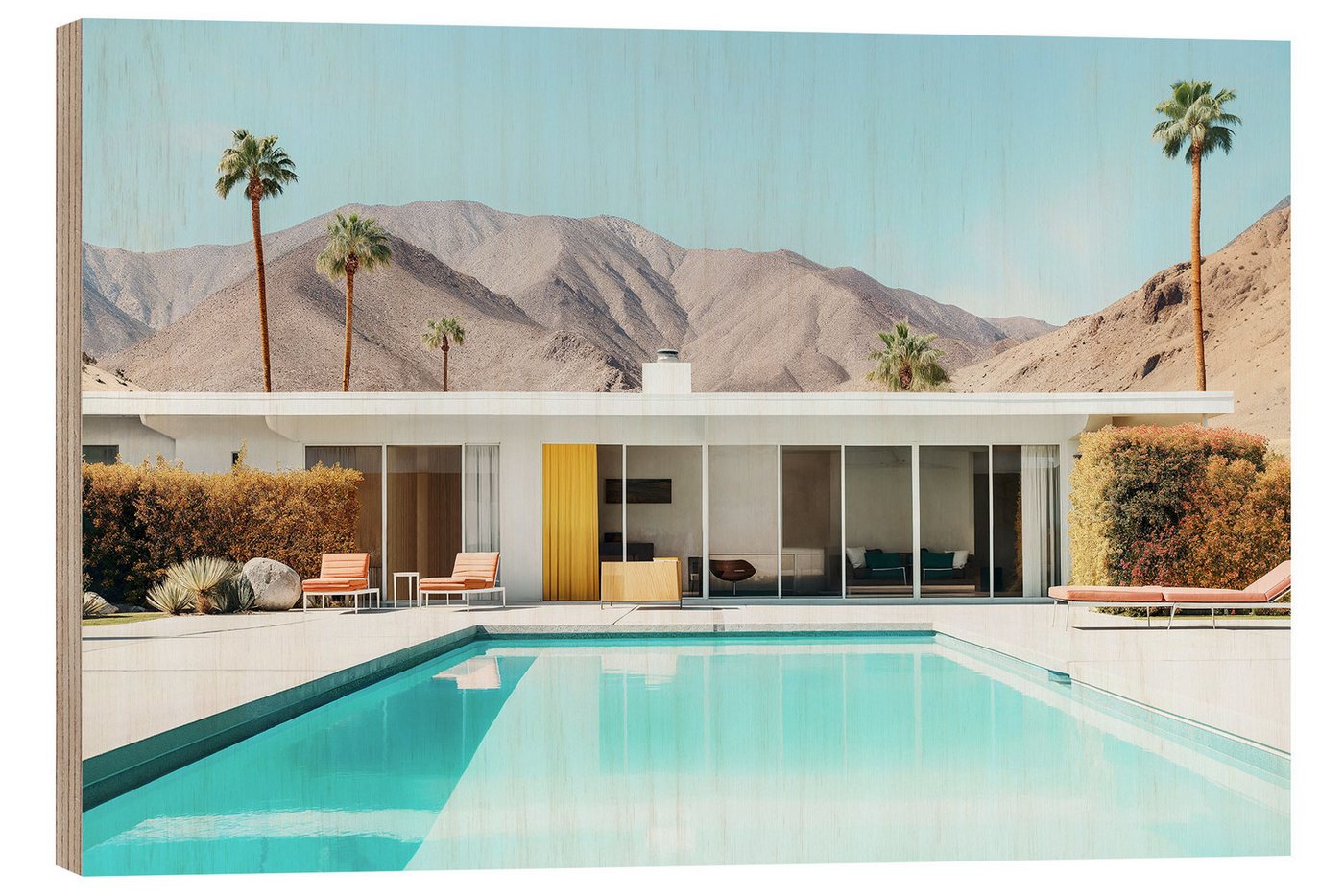 Posterlounge Holzbild Philippe HUGONNARD, California Dreaming - Palm Springs Pool in der Wüste von Posterlounge
