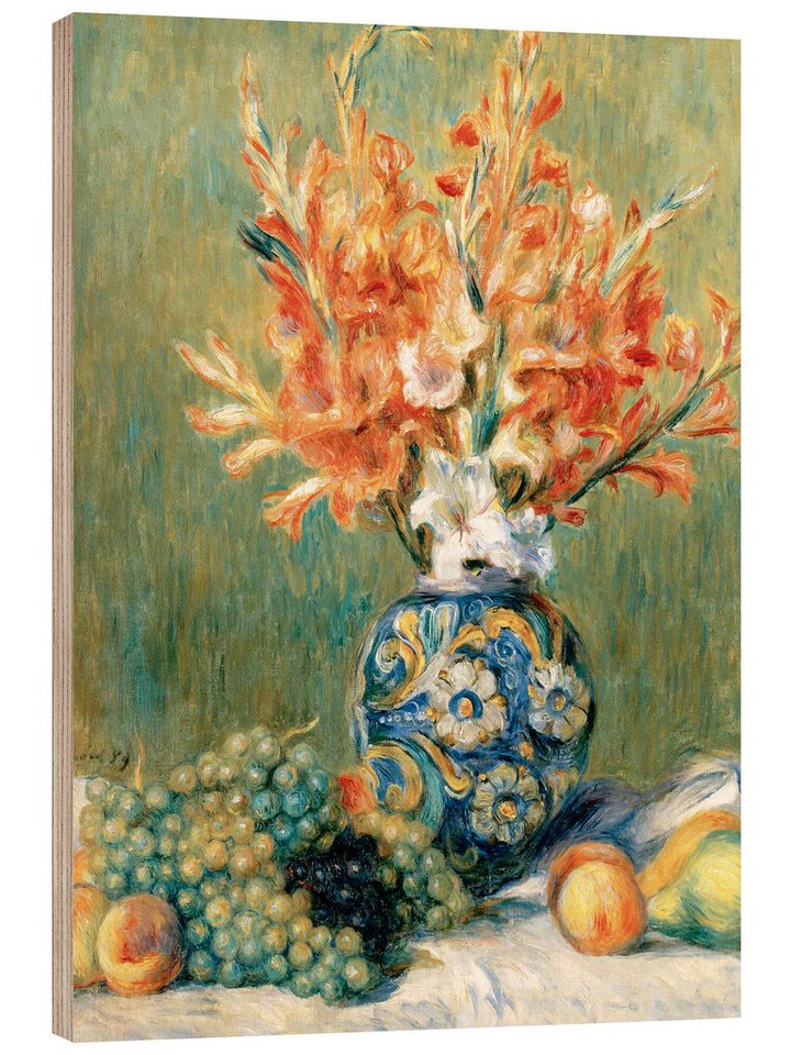 Posterlounge Holzbild Pierre-Auguste Renoir, Stillleben mit Obst und Blumen, Malerei von Posterlounge