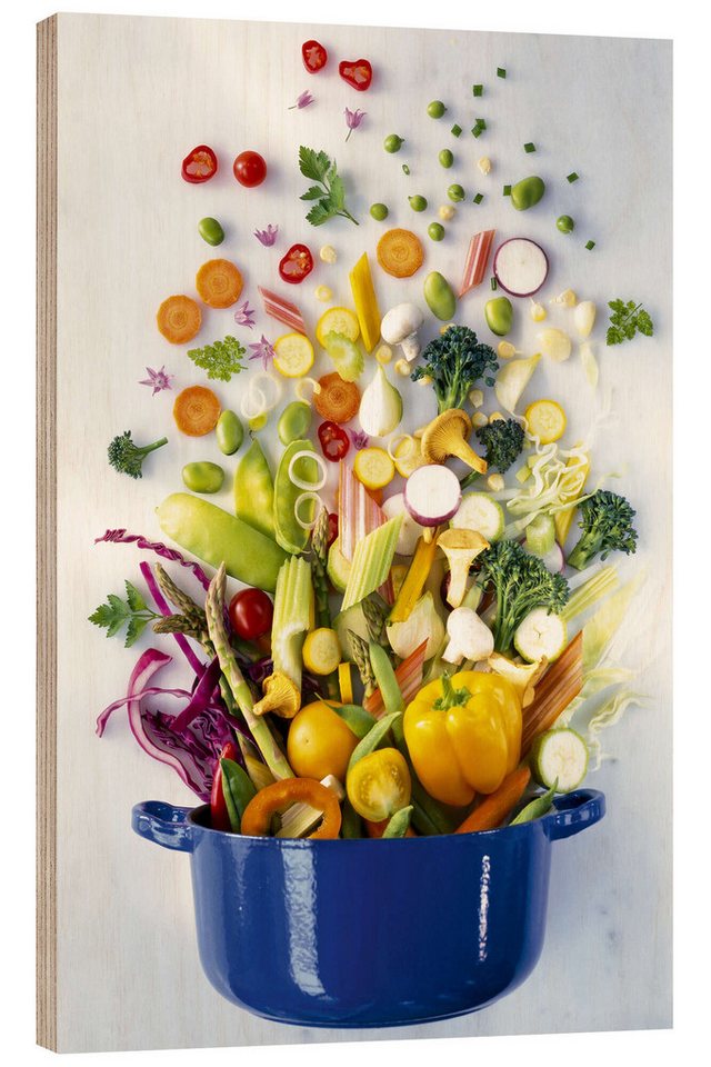 Posterlounge Holzbild Science Photo Library, Gemüse fällt in einen Topf, Küche Fotografie von Posterlounge