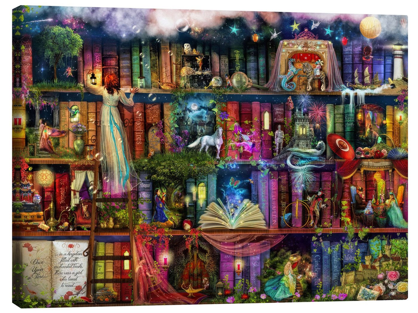 Posterlounge Leinwandbild Aimee Stewart, Das Bücherregal voller Märchen, Jungenzimmer Kindermotive von Posterlounge