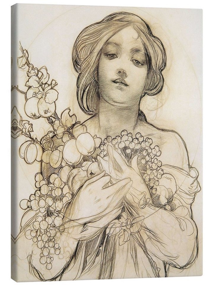 Posterlounge Leinwandbild Alfons Mucha, Studie von Die Frau mit Blumen, Malerei von Posterlounge