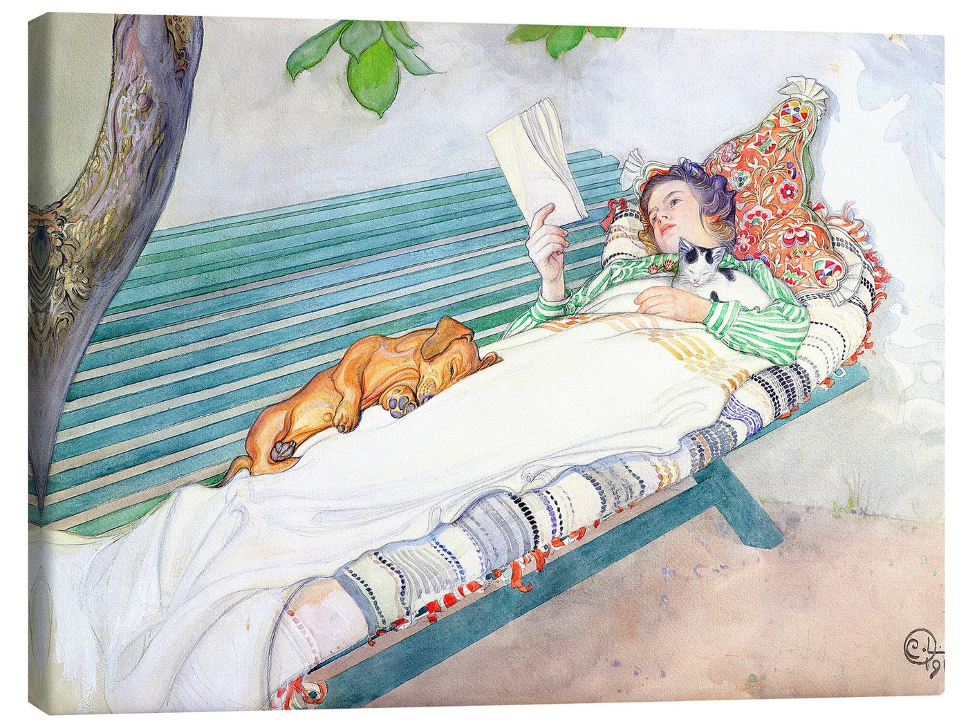 Posterlounge Leinwandbild Carl Larsson, Auf einer Bank liegende Frau, Wohnzimmer Landhausstil Malerei von Posterlounge
