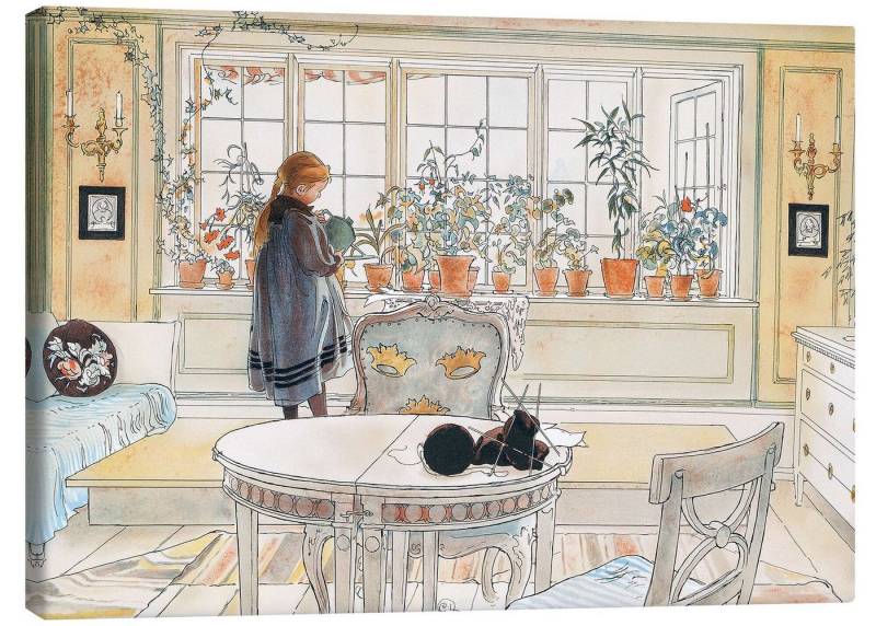 Posterlounge Leinwandbild Carl Larsson, Blumen auf der Fensterbank, Wohnzimmer Skandinavisch Malerei von Posterlounge