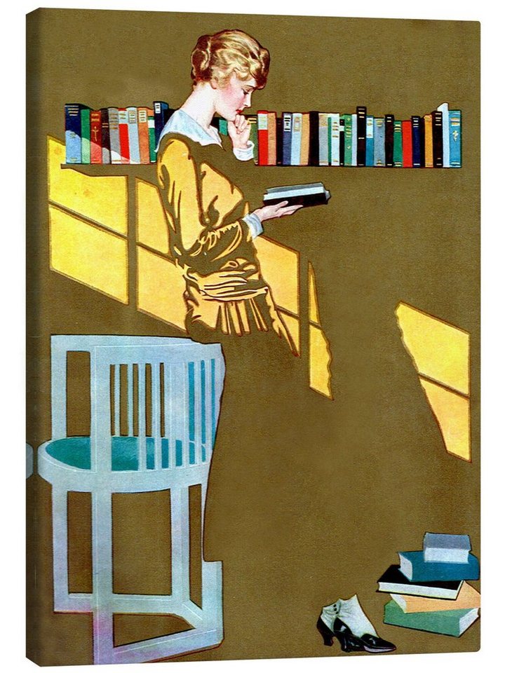 Posterlounge Leinwandbild Clarence Coles Phillips, Lesen vor dem Bücherregal, Büro Vintage Illustration von Posterlounge