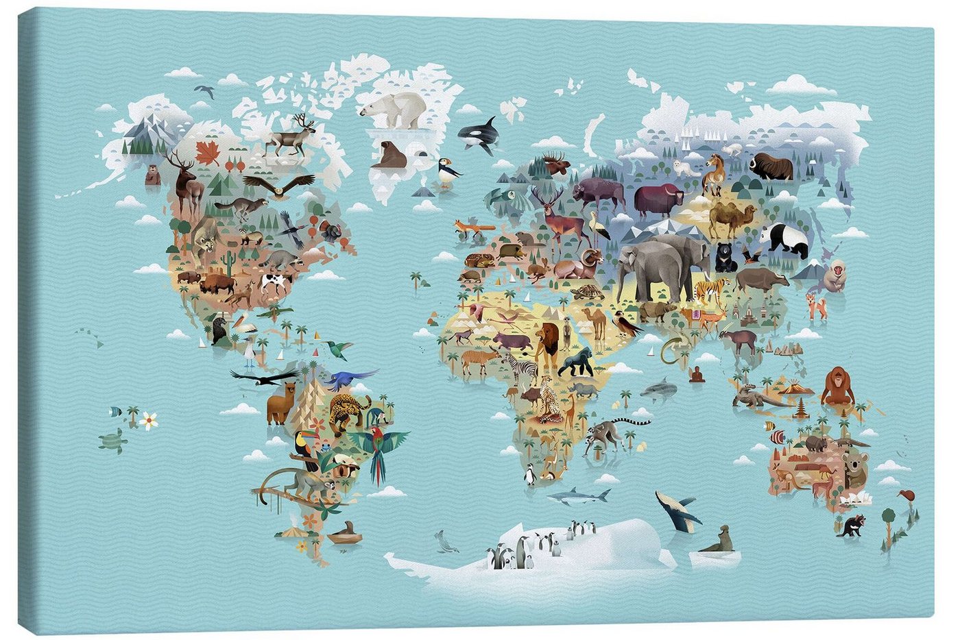 Posterlounge Leinwandbild Dieter Braun, Weltkarte der Tiere, Mädchenzimmer Illustration von Posterlounge