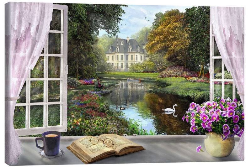 Posterlounge Leinwandbild Dominic Davison, Fenster mit idyllischem Blick, Landhausstil Illustration von Posterlounge