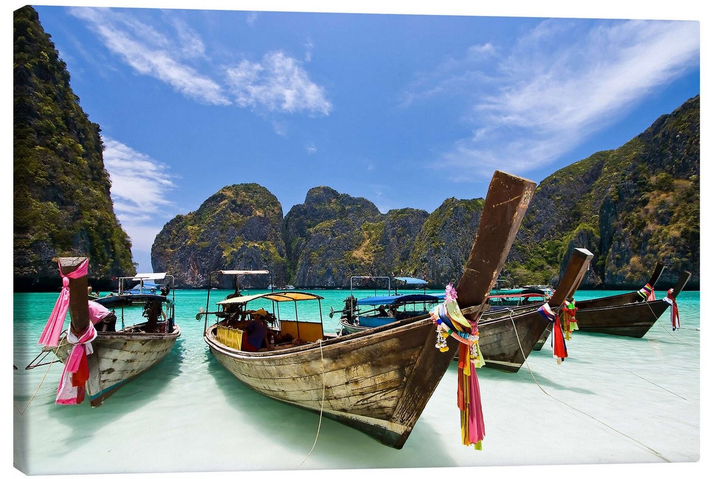 Posterlounge Leinwandbild Editors Choice, Langboot bei Maya Bay auf der PhiPhi-Insel, Badezimmer Fotografie von Posterlounge