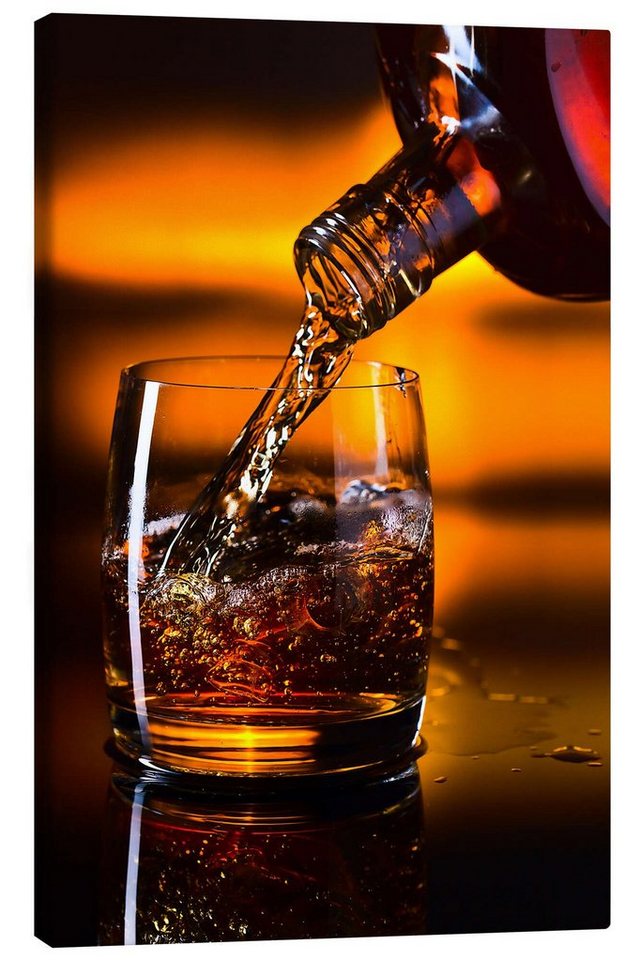 Posterlounge Leinwandbild Editors Choice, Whisky und Eis auf einem Glastisch, Fotografie von Posterlounge