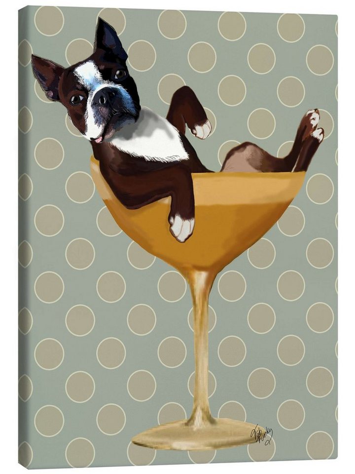 Posterlounge Leinwandbild Fab Funky, Boston Terrier im Cocktailglas, Wohnzimmer Illustration von Posterlounge