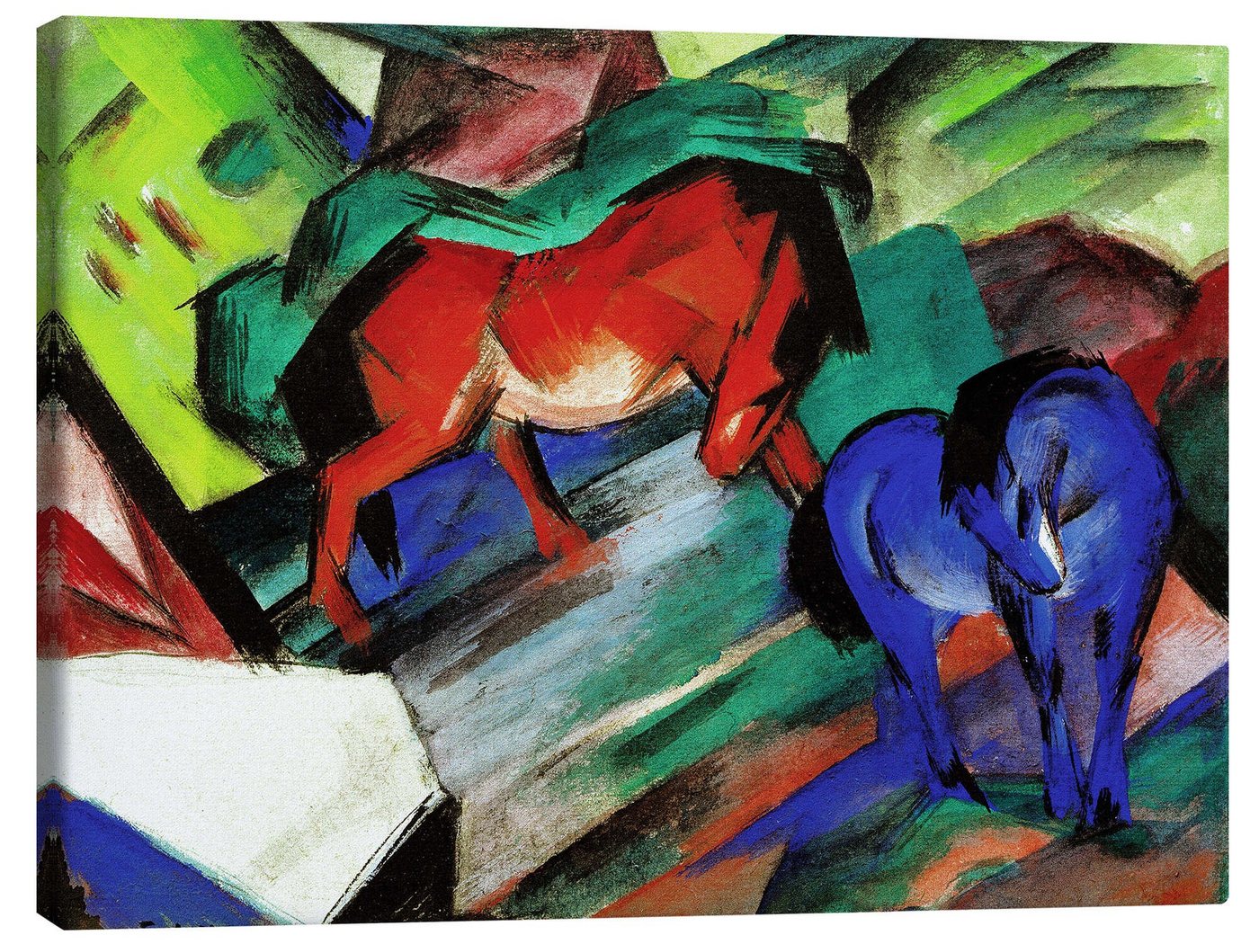 Posterlounge Leinwandbild Franz Marc, Rotes und blaues Pferd, Malerei von Posterlounge