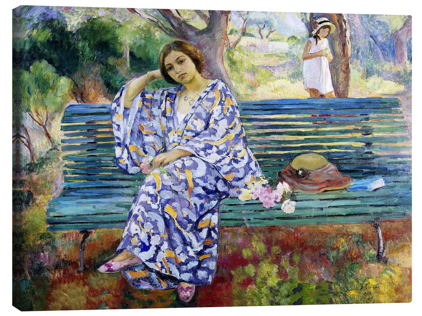 Posterlounge Leinwandbild Henri Lebasque, Junge Frau, die auf einer Bank sitzt, Malerei von Posterlounge