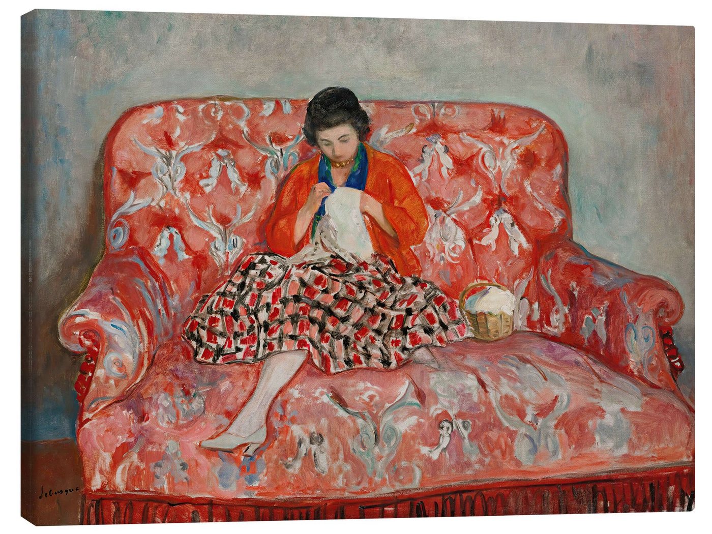 Posterlounge Leinwandbild Henri Lebasque, Junges Mädchen Näht Auf Einem Sofa, Malerei von Posterlounge