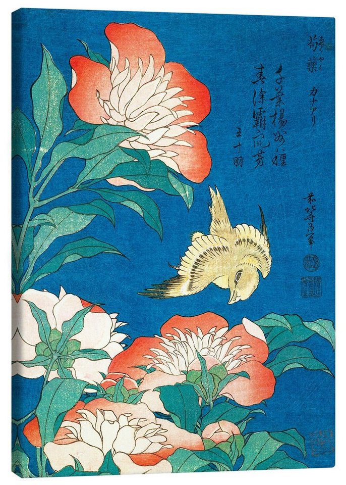 Posterlounge Leinwandbild Katsushika Hokusai, Blumen und ein Vogel, Wohnzimmer Malerei von Posterlounge