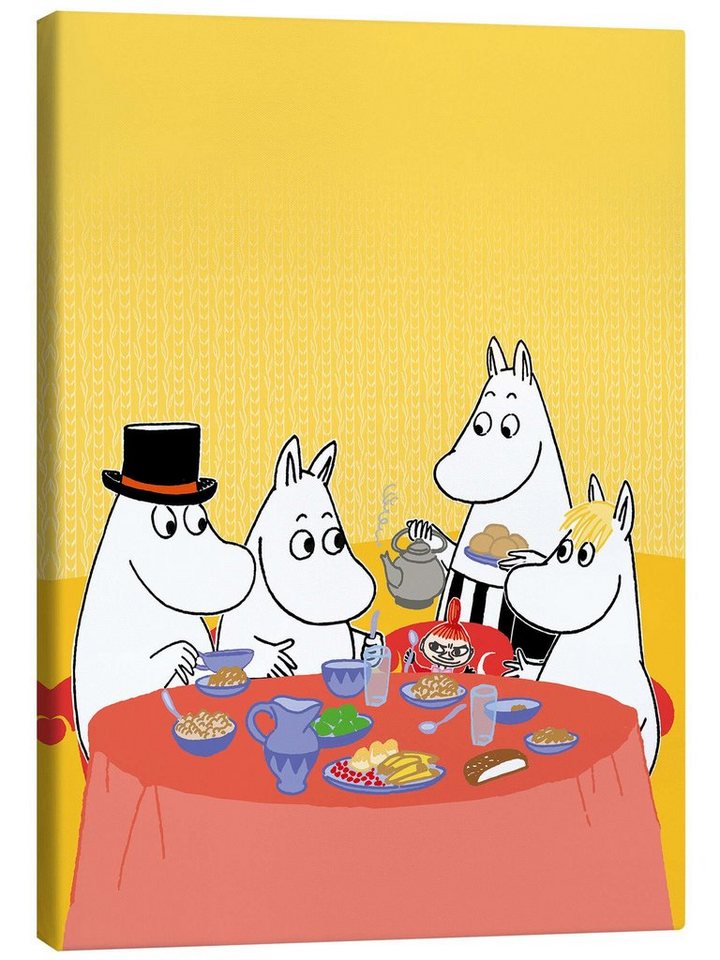 Posterlounge Leinwandbild Moomin, Mumins am Tisch, Kinderzimmer Illustration von Posterlounge