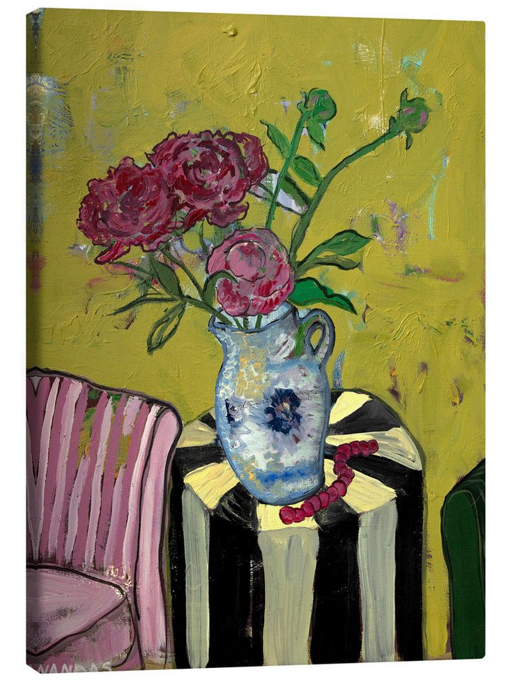 Posterlounge Leinwandbild Nanda Schwarz, Blumen auf dem Tisch, Wohnzimmer Modern Malerei von Posterlounge