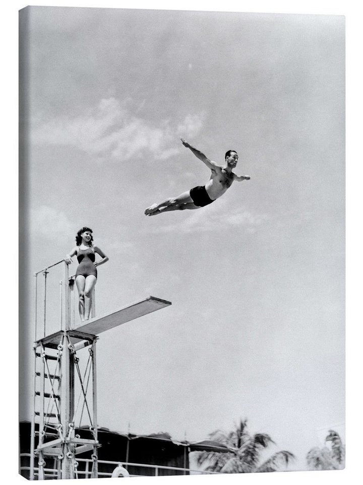 Posterlounge Leinwandbild Panoramic Images, Vintage Turmspringer, Badezimmer Vintage Fotografie von Posterlounge