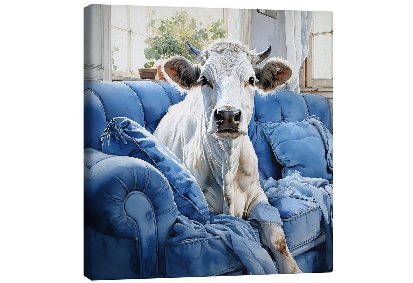 Posterlounge Leinwandbild Ryley Gray, Süße Kuh auf blauer Couch, Kinderzimmer Illustration von Posterlounge