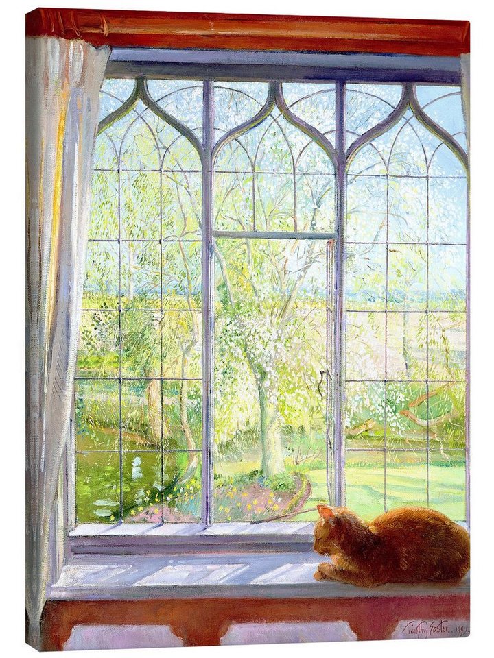 Posterlounge Leinwandbild Timothy Easton, Katze im Fenster im Frühling, Malerei von Posterlounge