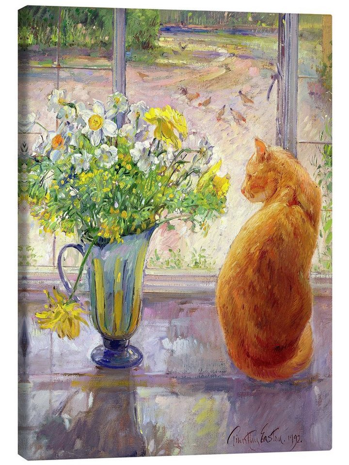 Posterlounge Leinwandbild Timothy Easton, Katze mit Blumen im Fenster, Küche Malerei von Posterlounge
