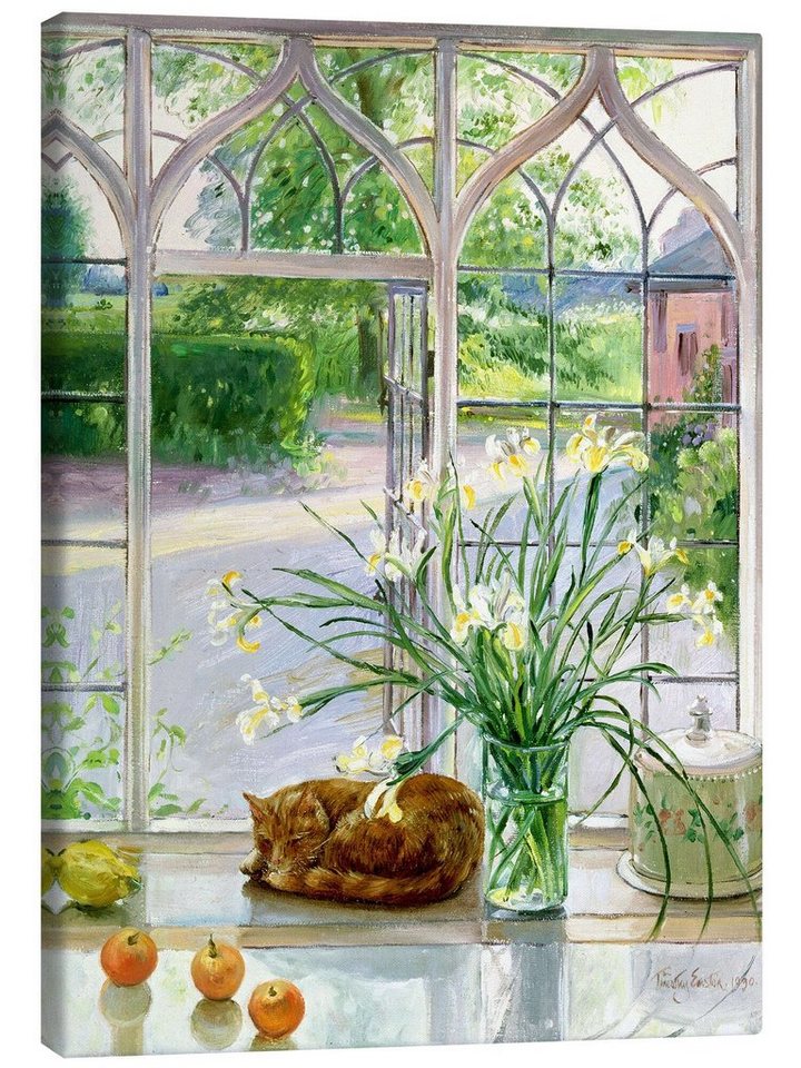 Posterlounge Leinwandbild Timothy Easton, Schlafende Katze im Fenster, Landhausstil Malerei von Posterlounge